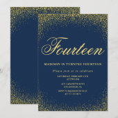 Elegante 14e verjaardag uitnodiging Gold Navy Glam (Voorkant / Achterkant)