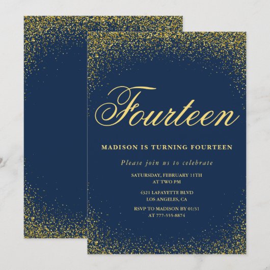 Elegante 14e verjaardag uitnodiging Gold Navy Glam (Voorkant / Achterkant)