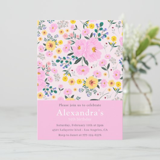 Elegante 14e verjaardag uitnodigingen Floral Chic (Staand voorkant)