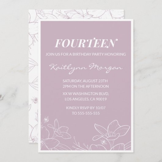 Elegante 14e verjaardag uitnodigingen Modern Flora (Voorkant / Achterkant)