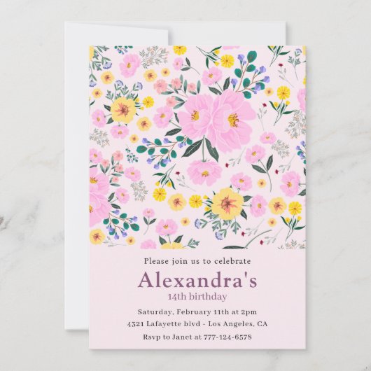Elegante 14e verjaardag uitnodigingen Pink Floral  (Voorkant)