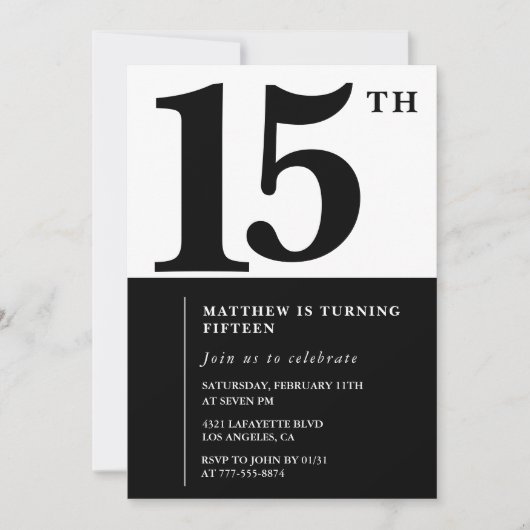 Elegante 15e verjaardag uitnodiging Black Chic Mod (Voorkant)