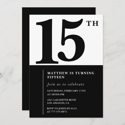 Elegante 15e verjaardag uitnodiging Black Chic Mod (Voorkant / Achterkant)