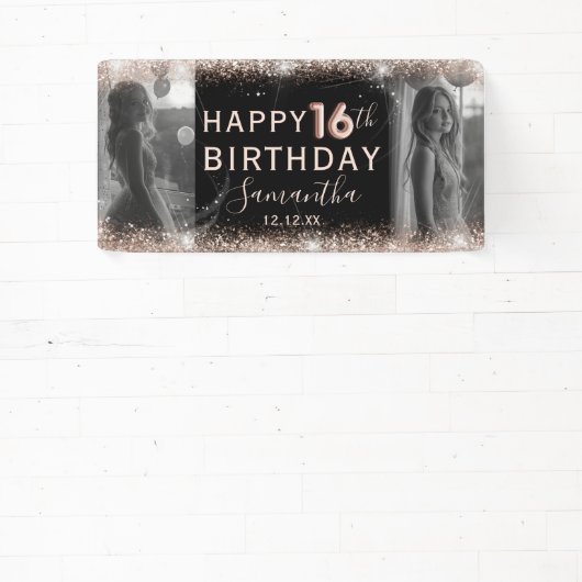 Elegante 16e Roos Gouden Glitter & Fotoverjaardag Spandoek (Insitu)