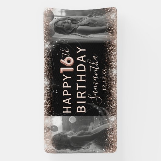 Elegante 16e Roos Gouden Glitter & Fotoverjaardag Spandoek (Verticaal)