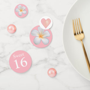 Elegante 16e verjaardag & Plumeria bloemen op roze Confetti