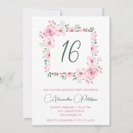 Elegante 16e verjaardag uitnodigingen Floral Pink (Voorkant)
