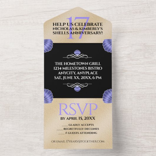 Elegante 17e Schelpen Huwelijksverjaardag All In One Uitnodiging (Binnen)