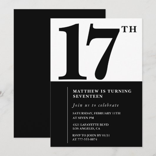 Elegante 17e verjaardag uitnodiging Black Chic Mod (Voorkant / Achterkant)