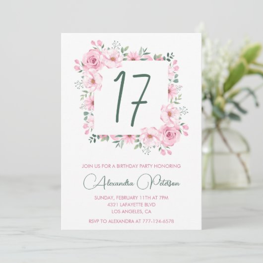 Elegante 17e verjaardag uitnodigingen Floral Pink (Staand voorkant)
