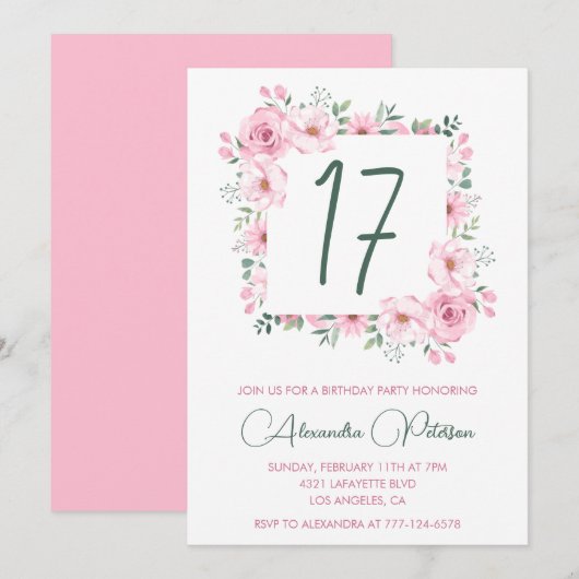 Elegante 17e verjaardag uitnodigingen Floral Pink (Voorkant / Achterkant)