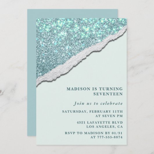 Elegante 17e verjaardag uitnodigingen Glam Glitter (Voorkant / Achterkant)