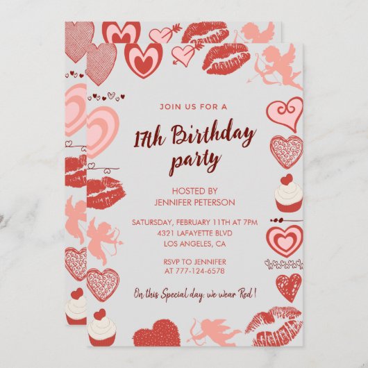 Elegante 17e verjaardag uitnodigingen Grijze Rode (Voorkant / Achterkant)