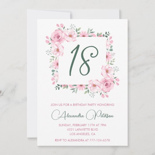 Elegante 18e verjaardag uitnodigingen Floral Pink (Voorkant)