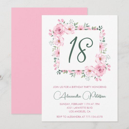 Elegante 18e verjaardag uitnodigingen Floral Pink (Voorkant / Achterkant)
