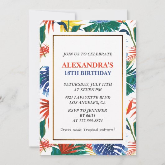 Elegante 18e verjaardag uitnodigingen Tropical Par (Voorkant)