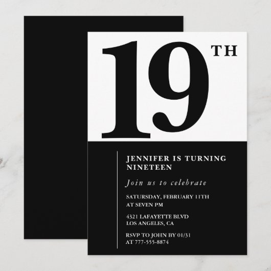 Elegante 19e verjaardag uitnodiging Black Chic Gir (Voorkant / Achterkant)