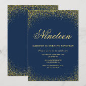 Elegante 19e verjaardag uitnodiging Navy Gold Glit (Voorkant / Achterkant)