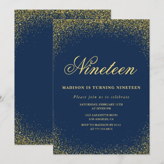 Elegante 19e verjaardag uitnodiging Navy Gold Glit (Voorkant / Achterkant)
