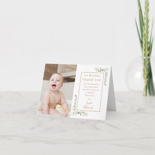 Elegante 1e verjaardag Goudgroene Foto Bedankkaart (Voorkant)