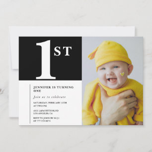 Elegante 1e verjaardagsuitnodiging Zwart Wit Foto Kaart
