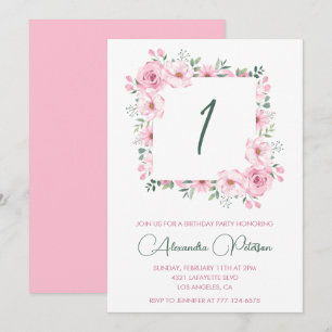 Elegante 1e verjaardagsuitnodigingen Bloemig Roze Kaart