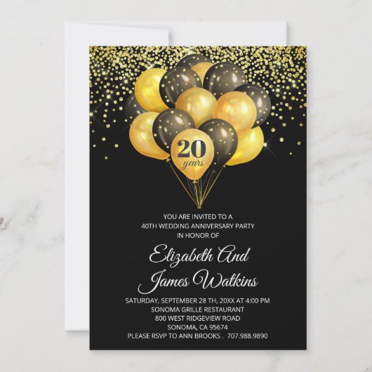 Elegante 20e trouwjubileum goud en zwart kaart (Voorkant)