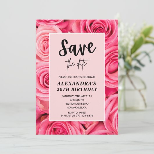 Elegante 20e verjaardag Floral Roos Bewaar de datu Kaart (Staand voorkant)