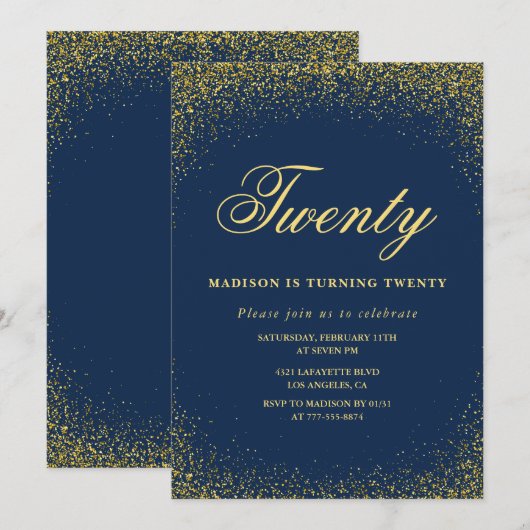 Elegante 20e verjaardag uitnodiging Navy Gold Glit (Voorkant / Achterkant)