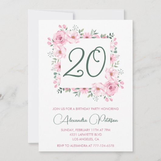 Elegante 20e verjaardag uitnodigingen Floral Pink (Voorkant)