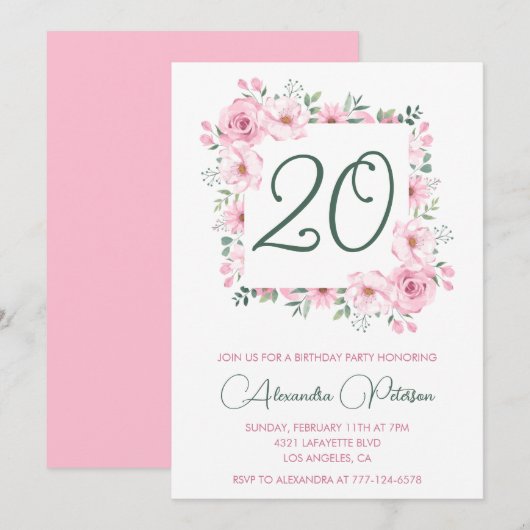 Elegante 20e verjaardag uitnodigingen Floral Pink (Voorkant / Achterkant)
