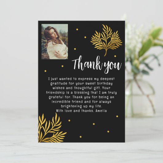 Elegante 21e verjaardag gouden gebladerte foto bedankkaart (Staand voorkant)