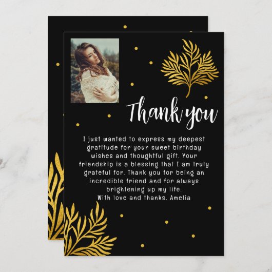 Elegante 21e verjaardag gouden gebladerte foto bedankkaart (Voorkant / Achterkant)