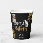 Elegante 21e verjaardag gouden gebladerte fotofees papieren bekers (Achterkant)