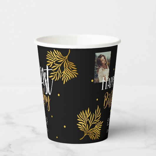 Elegante 21e verjaardag gouden gebladerte fotofees papieren bekers (Links)