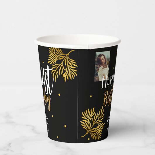 Elegante 21e verjaardag gouden gebladerte fotofees papieren bekers (Rechts)