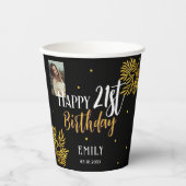 Elegante 21e verjaardag gouden gebladerte fotofees papieren bekers (Voorkant)