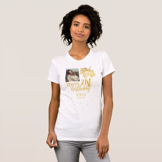 Elegante 21e verjaardag gouden gebladerte fotofees t-shirt (Voorkant volledig)