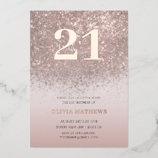 Elegante 21e Verjaardag Roos Gouden Kalligrafie Folie Uitnodiging (Voorkant)