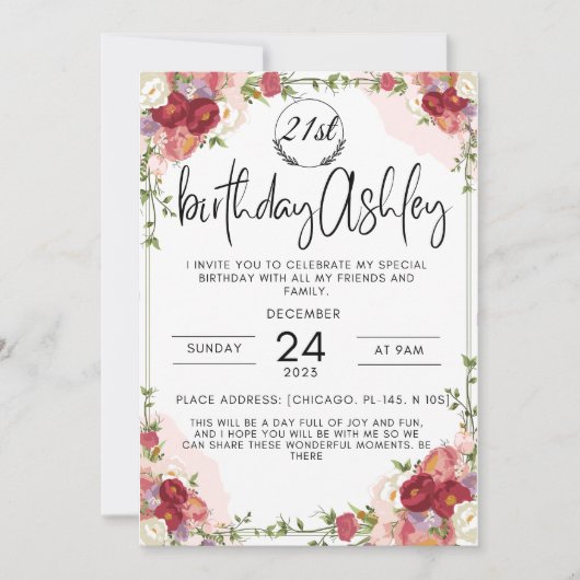 Elegante 21e verjaardag uitnodiging met bloemen (Voorkant)