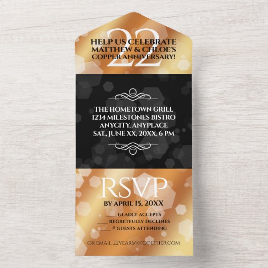Elegante 22e koperen huwelijksverjaardag all in one uitnodiging (Binnen)