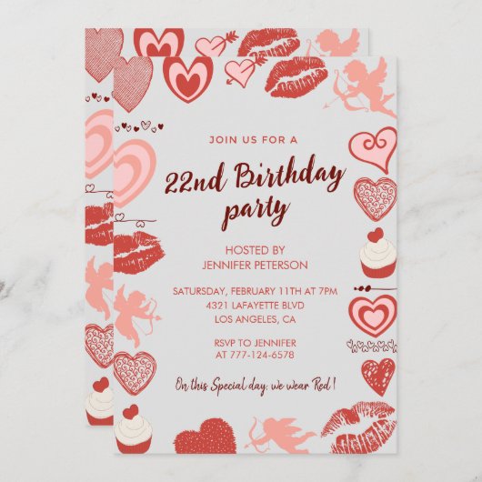 Elegante 22e verjaardag uitnodigingen grijs rood h (Voorkant / Achterkant)