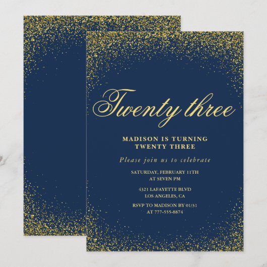 Elegante 23e verjaardag uitnodiging Navy Gold Glit (Voorkant / Achterkant)