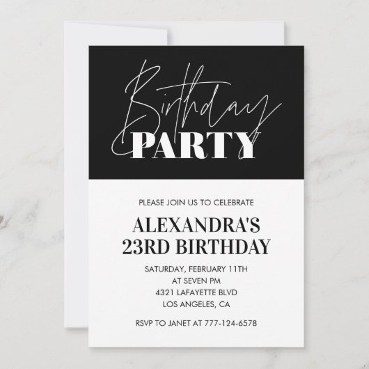 Elegante 23e verjaardag uitnodigingen Black White (Voorkant)