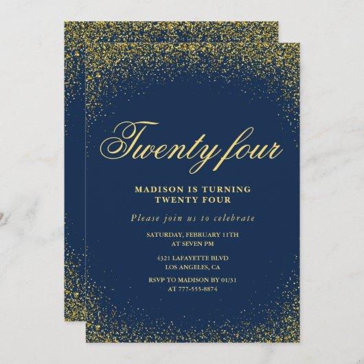 Elegante 24e verjaardag uitnodiging Navy Gold Glit (Voorkant / Achterkant)