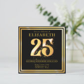Elegante 25e gouden zwarte verjaardag uitnodiging (Staand voorkant)