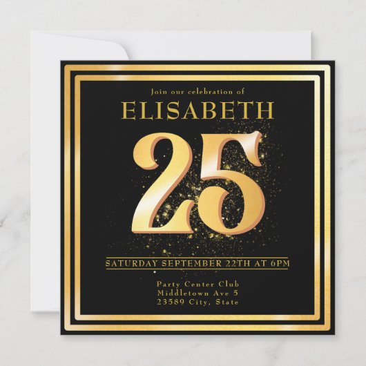 Elegante 25e gouden zwarte verjaardag uitnodiging (Voorkant)