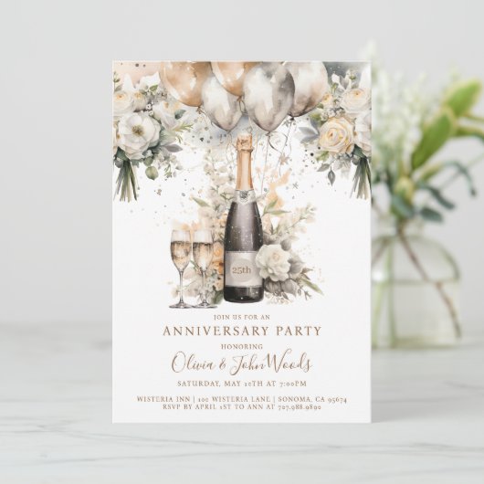 Elegante 25e Jubileum Party Champagne Balloons Kaart (Staand voorkant)