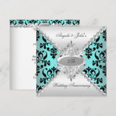 Elegante 25e trouwdag-jubileum tealblauwe damast kaart (Voorkant / Achterkant)