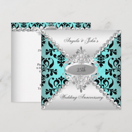 Elegante 25e trouwdag-jubileum tealblauwe damast kaart (Voorkant / Achterkant)